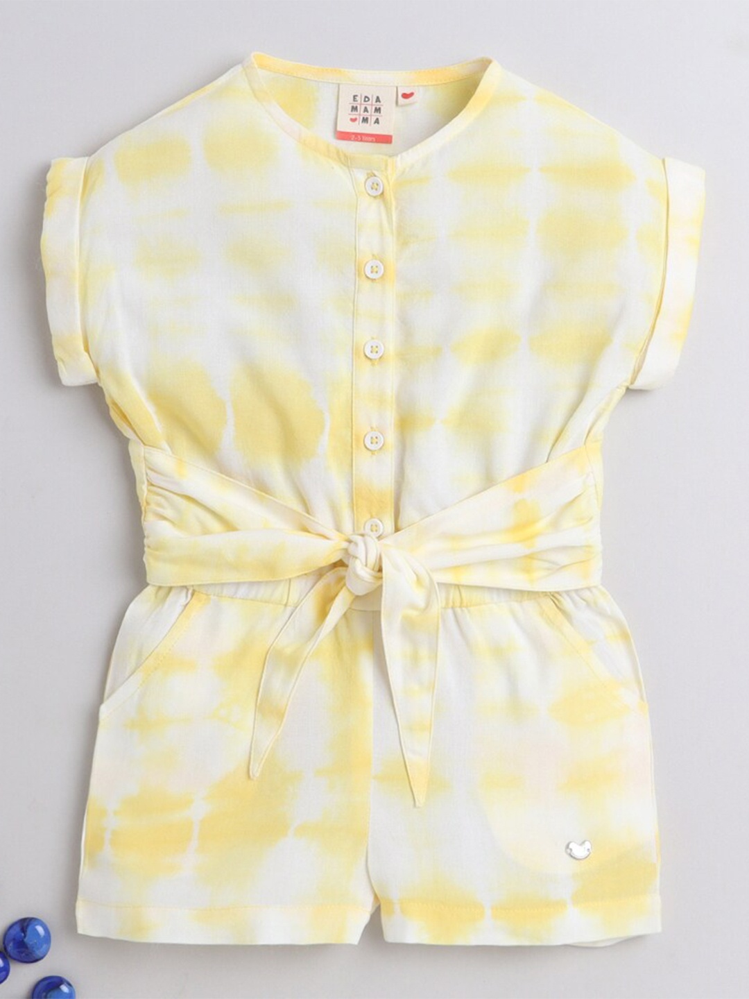

Ed-a-Mamma Girls Yellow & White Printed Sustainable Jumpsuit