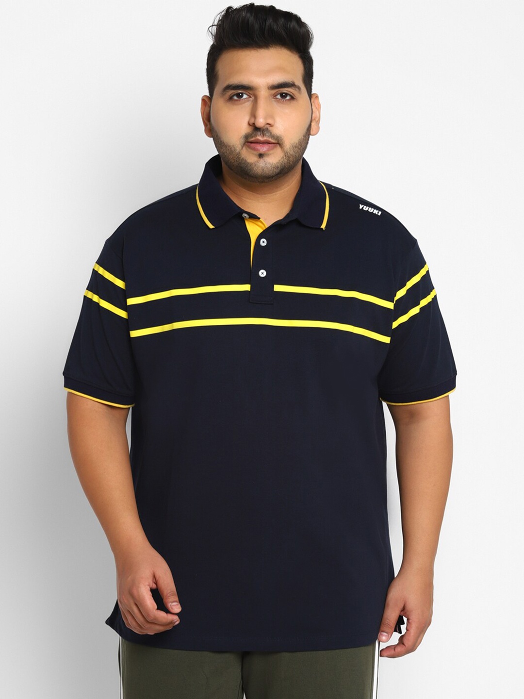 

Yuuki Men Plus Size Navy Blue Striped Polo Collar T-shirt