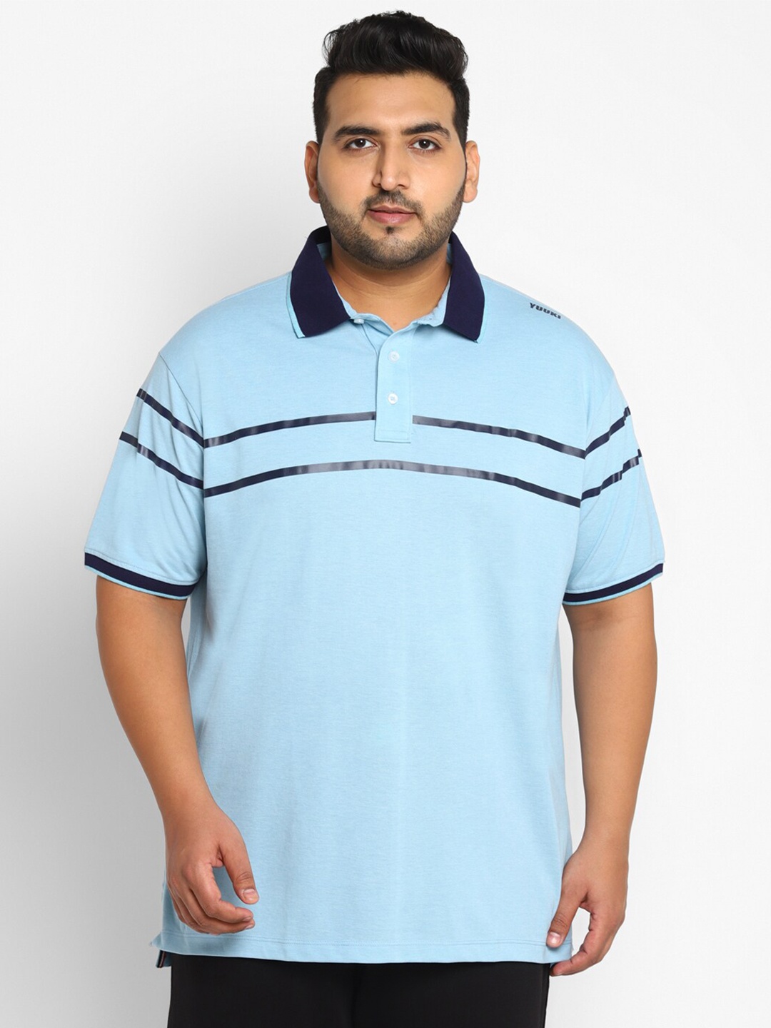 

Yuuki Men Blue Striped Polo Collar T-shirt