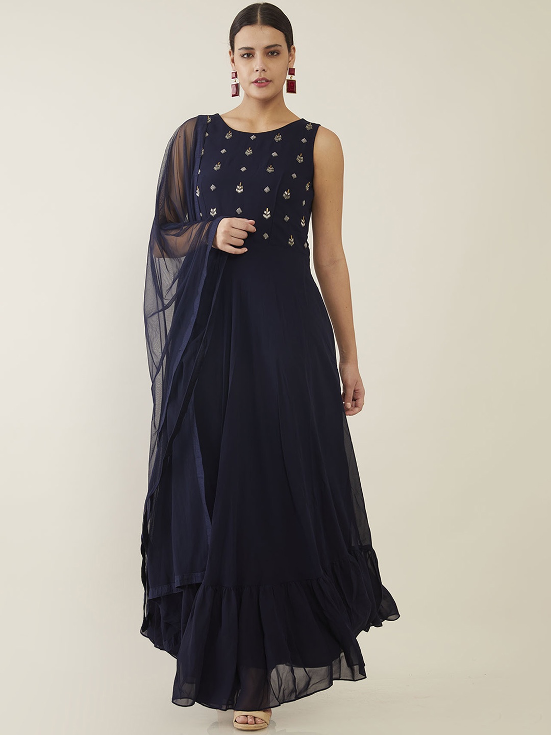 

Soch Navy Blue Embellished Fringed Georgette Maxi Dress