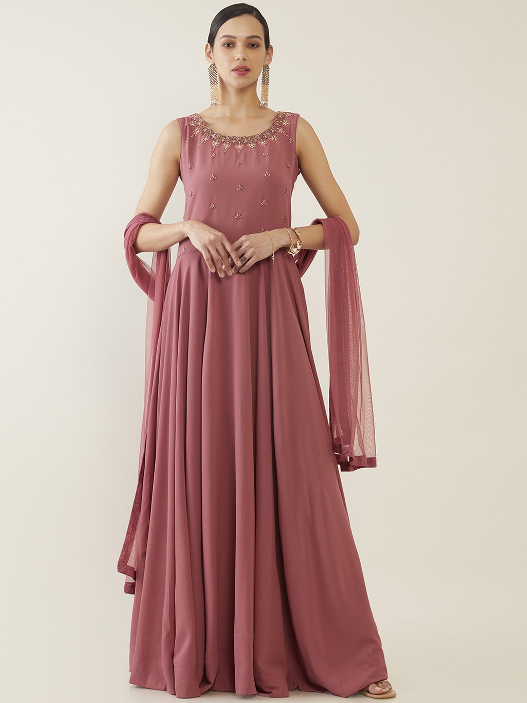 

Soch Peach-Coloured Fringed Georgette Maxi Dress