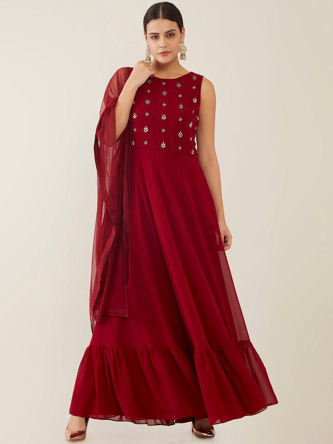 

Soch Maroon Embellished Fringed Georgette Ethnic Maxi Dress