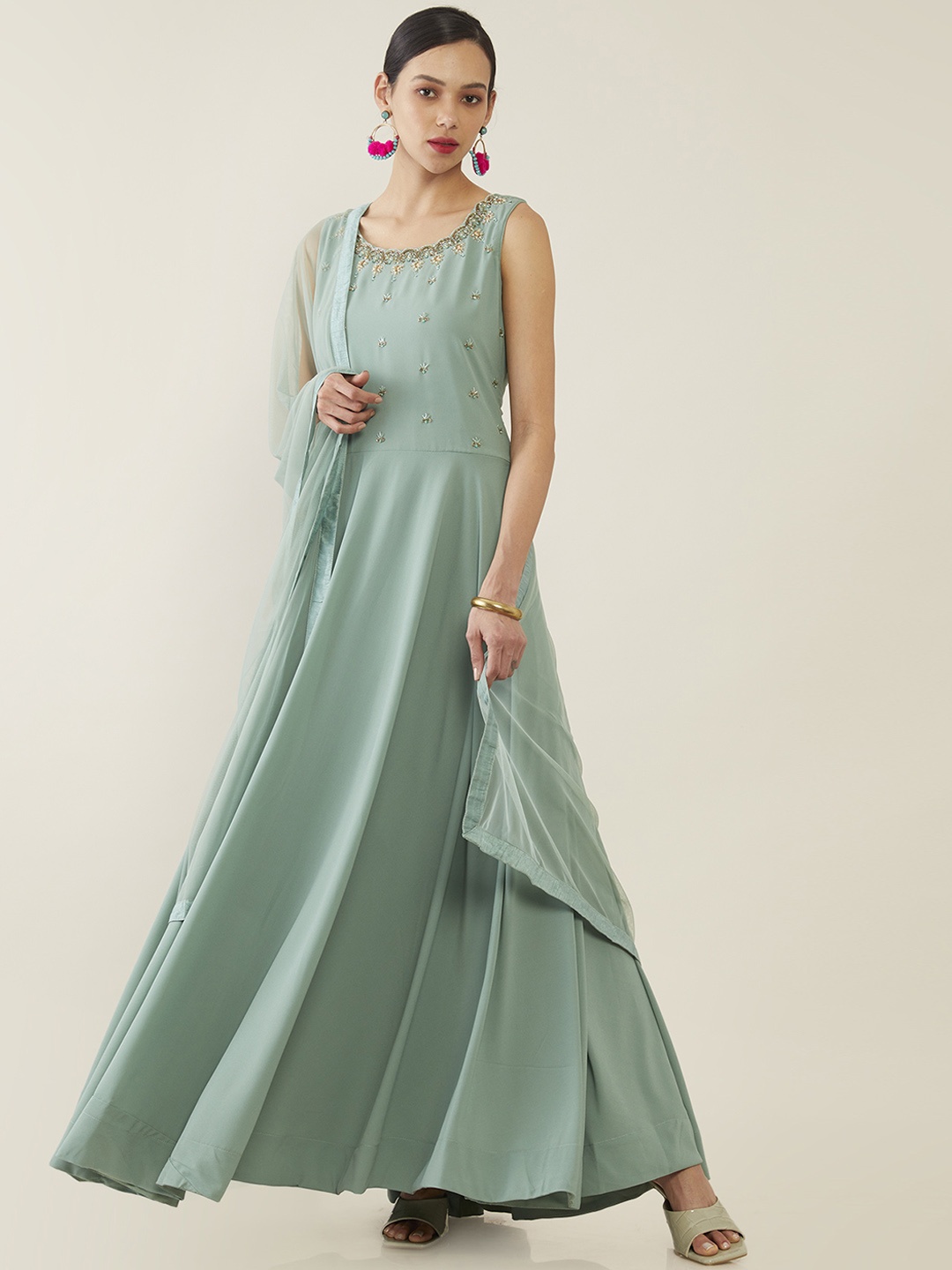 

Soch Green Fringed Georgette Maxi Dress