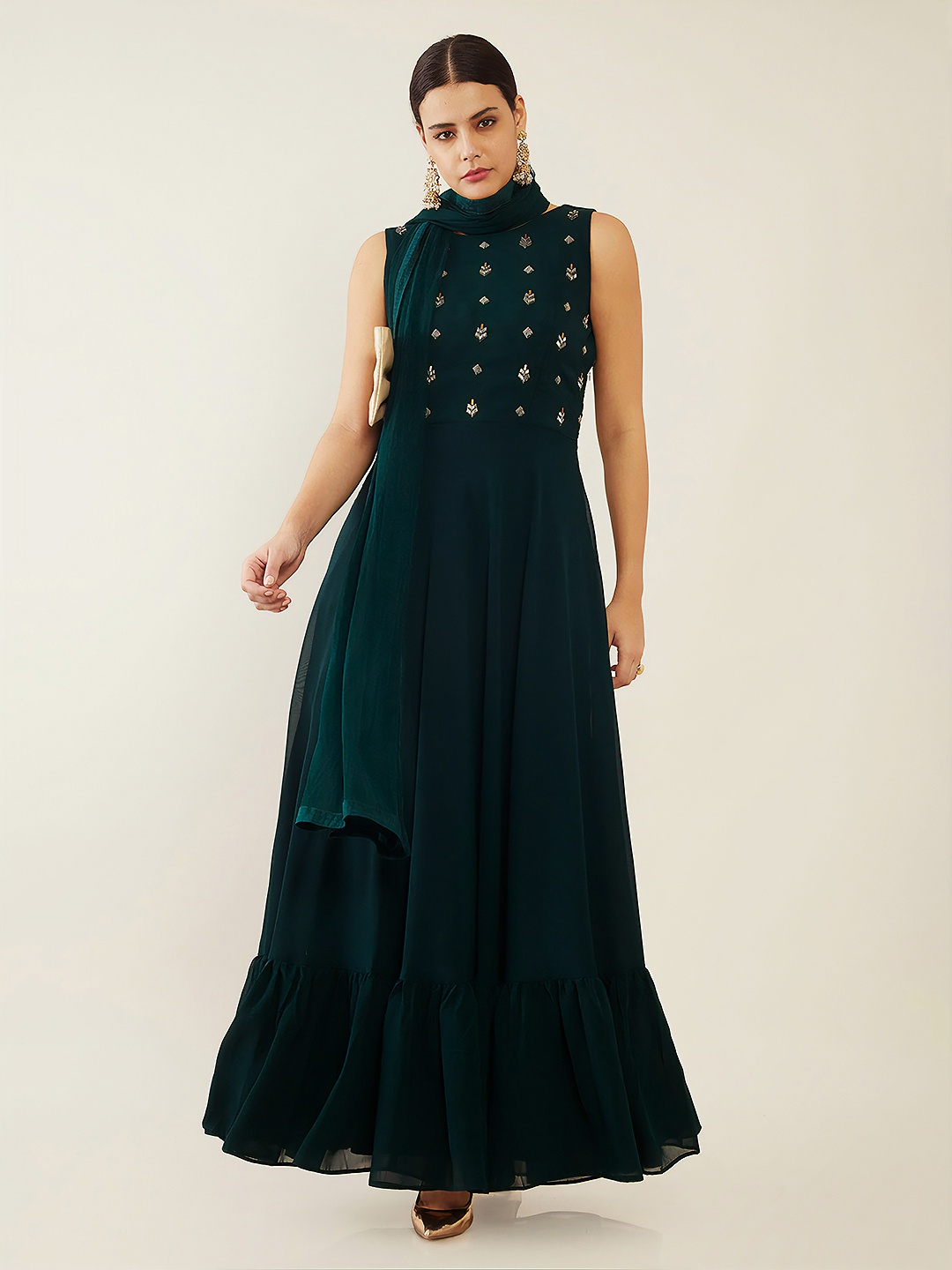 

Soch Green Fringed Georgette Maxi Dress