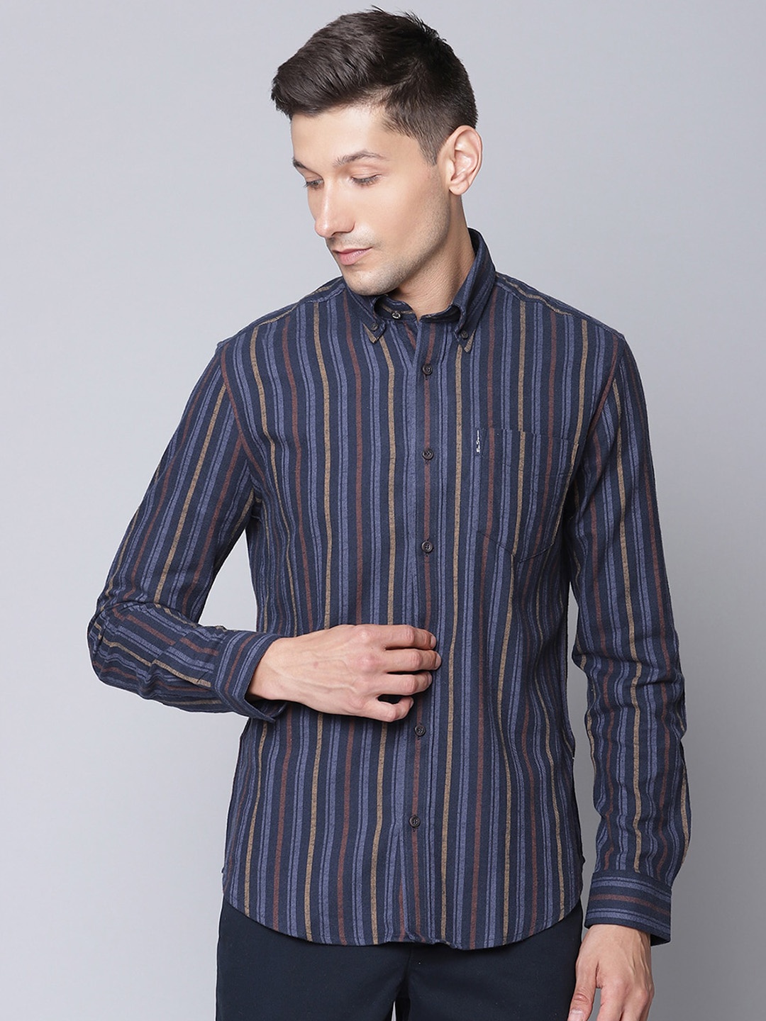 

BEN SHERMAN Men Navy Blue Opaque Striped Casual Shirt