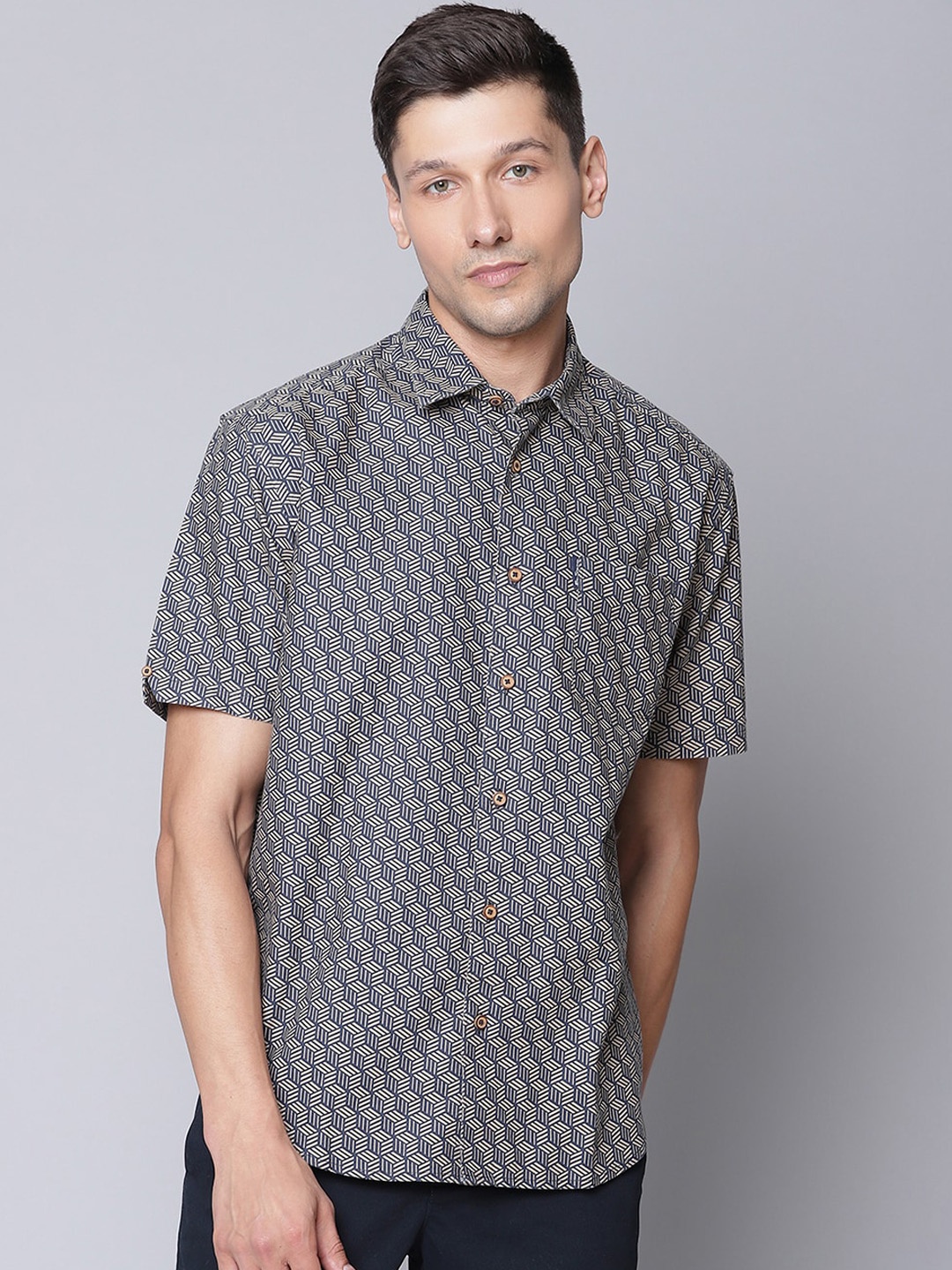

BEN SHERMAN Men Grey Opaque Printed Pure Cotton Casual Shirt