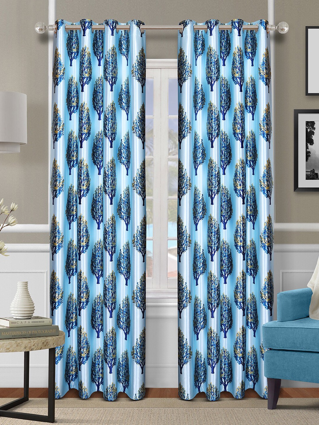 

ROMEE Blue & Mustard Set of 2 Floral Room Darkening Door Curtain