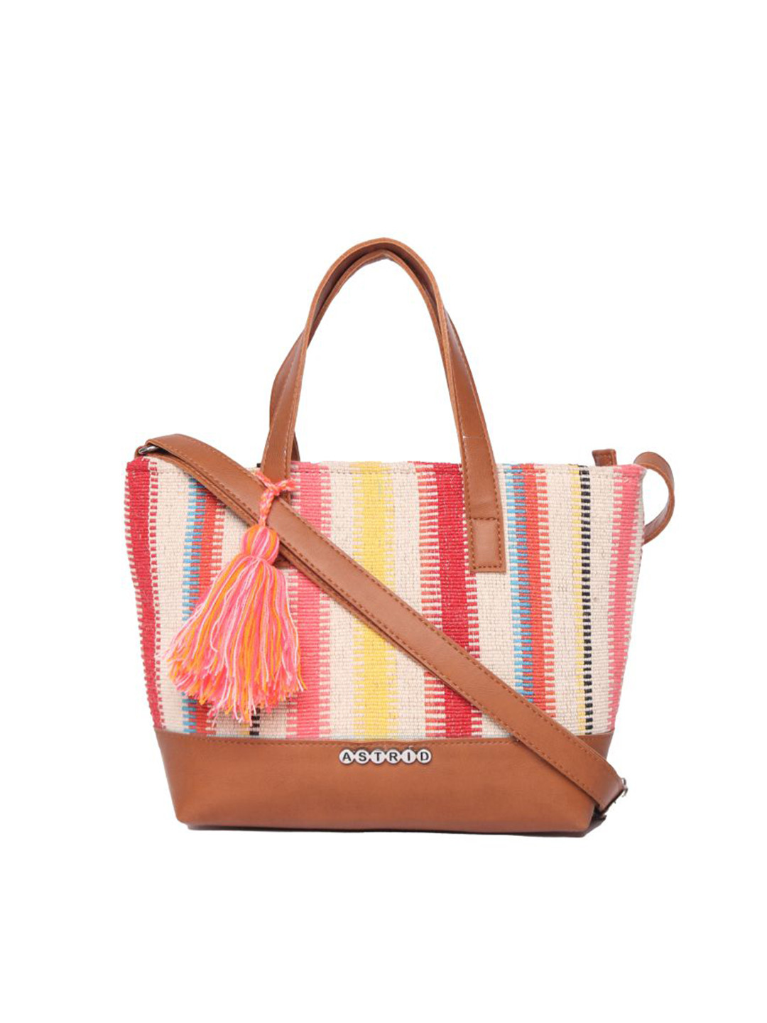 

ASTRID Striped Structured Handheld Bag With Tasselled, Cream