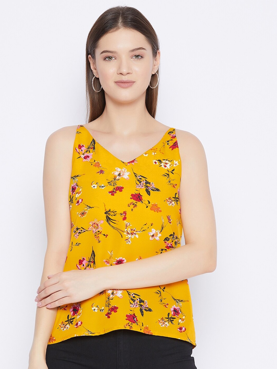 

PURYS Mustard Yellow Floral Crepe A-Line Top