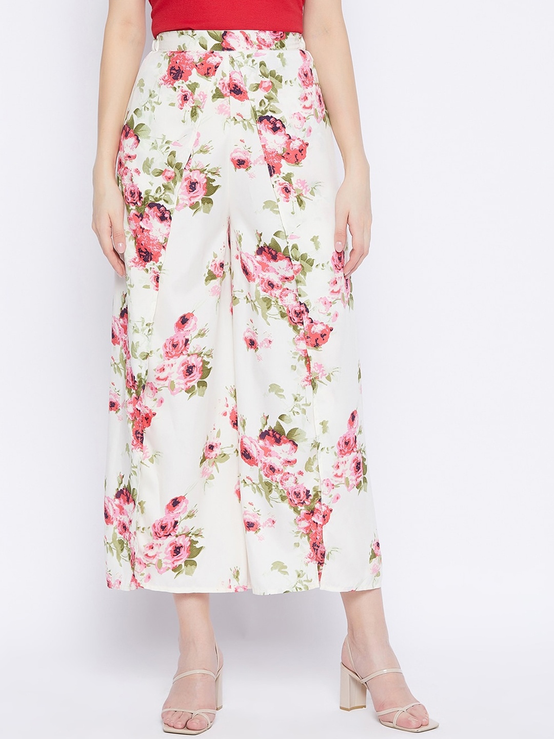 

PURYS Women Off White Floral Printed Relaxed Flared Parallel Trousers With Slit