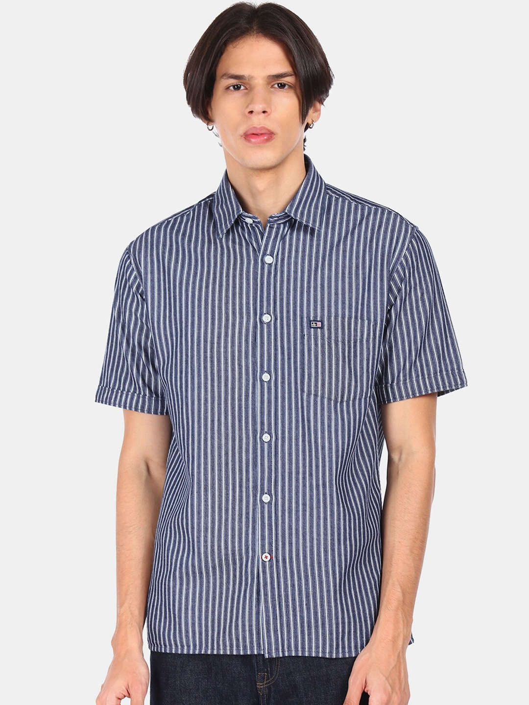 

Arrow Sport Men Blue Opaque Striped Casual Pure Cotton Shirt