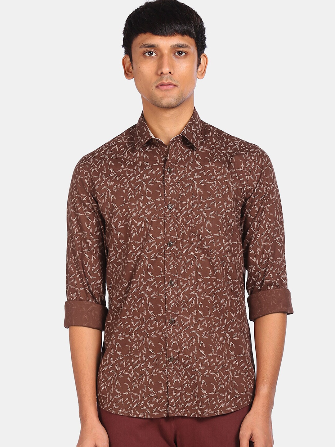 Arrow Sport Men Brown Floral Opaque Printed Casual Pure Cotton Shirt