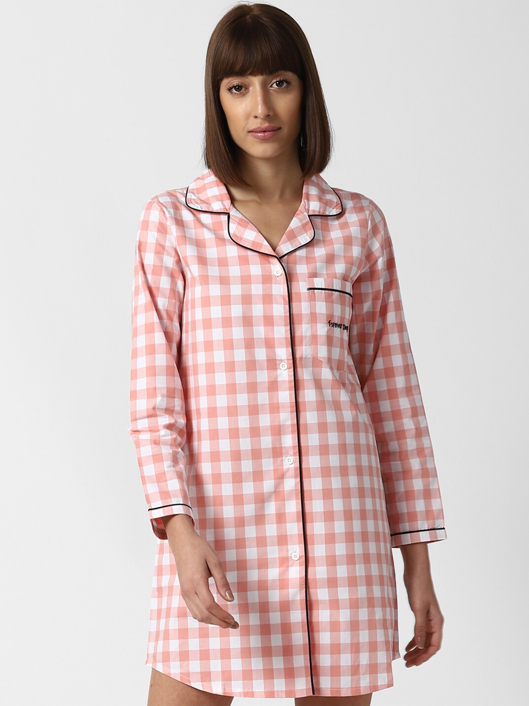 

FOREVER 21 Women Pink & White Checked Pure Cotton Sleep Shirt