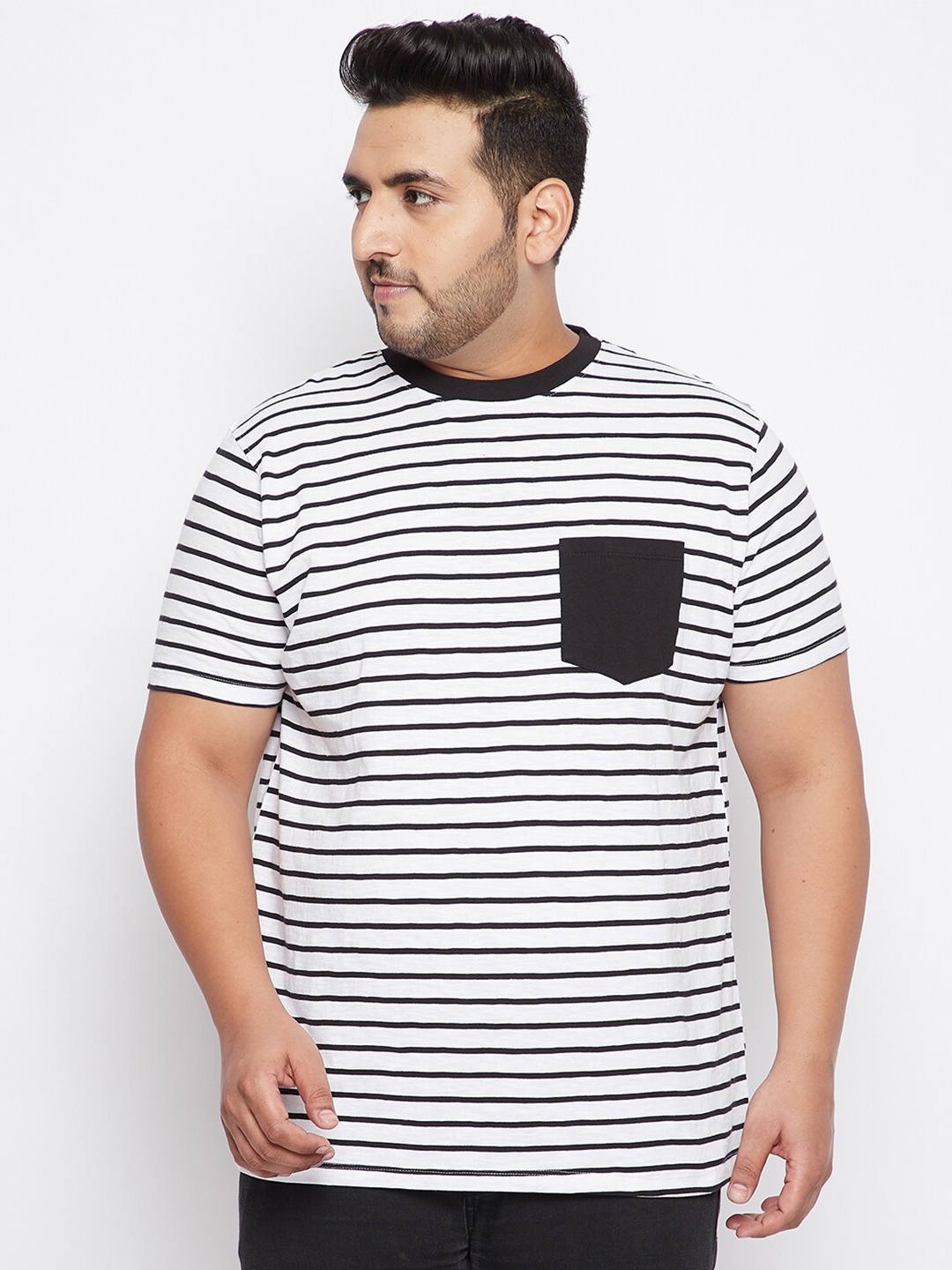 

bigbanana Men White Pus Size Striped Bio Finish Pure Cotton T-shirt
