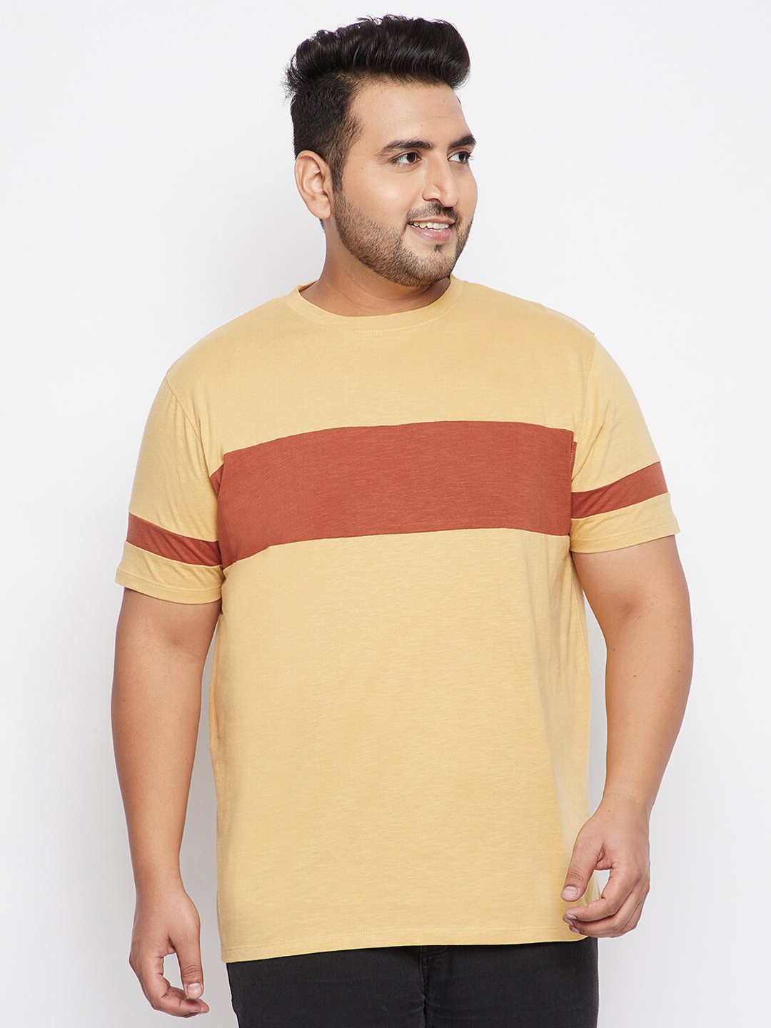 

bigbanana Men Plus Size Beige Colourblocked Bio Finish Cotton T-shirt