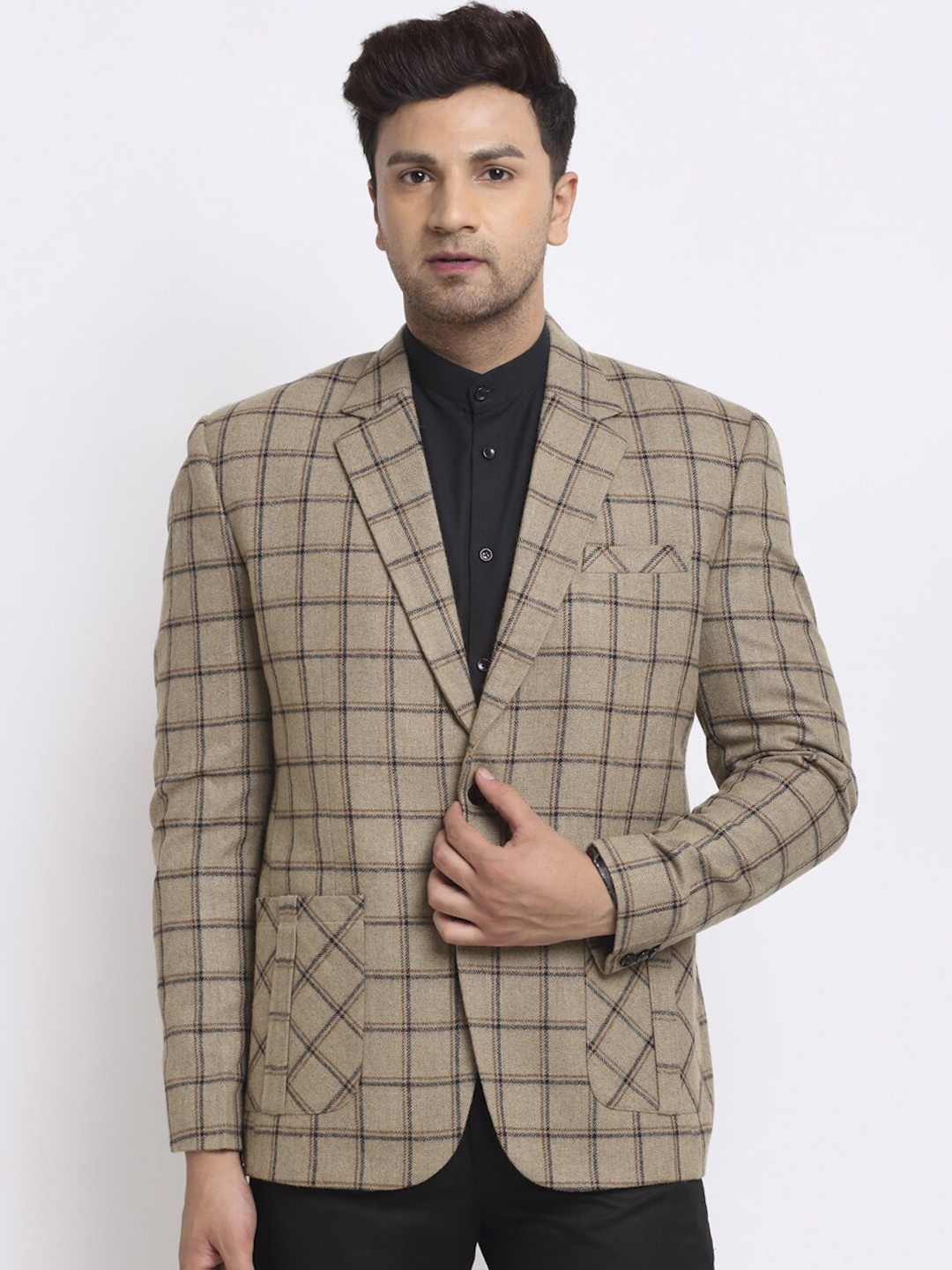 

KLOTTHE Men Brown & Black Checked Single-Breasted Formal Blazer