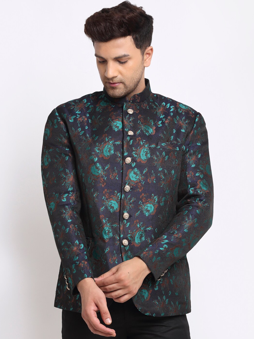 

KLOTTHE Men Navy Blue & Maroon Printed Bandhgala Party Blazer