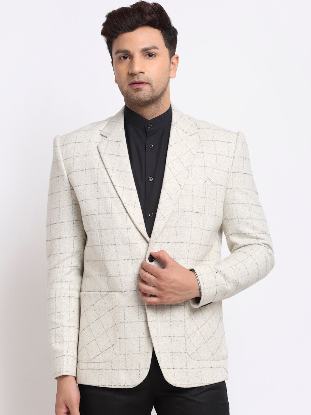 

KLOTTHE Men White & Black Checked Single-Breasted Formal Blazer