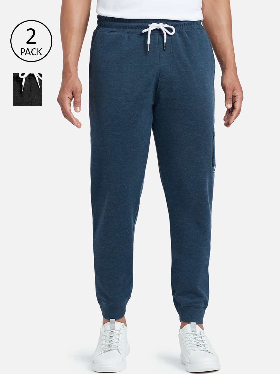 

XYXX Pack Of 2 Men Blue & Black Cotton Joggers With Zipper Pocket