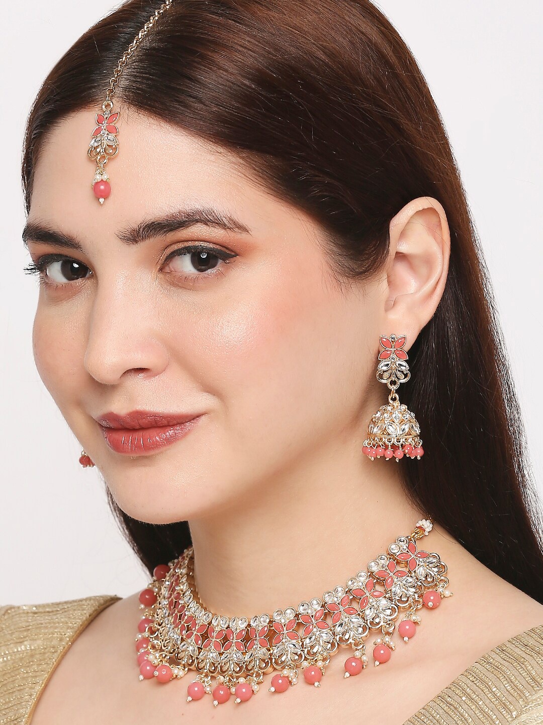 

OOMPH Gold-Toned & Pink Kundan-Studded & Beaded Jadau Jewellery Set
