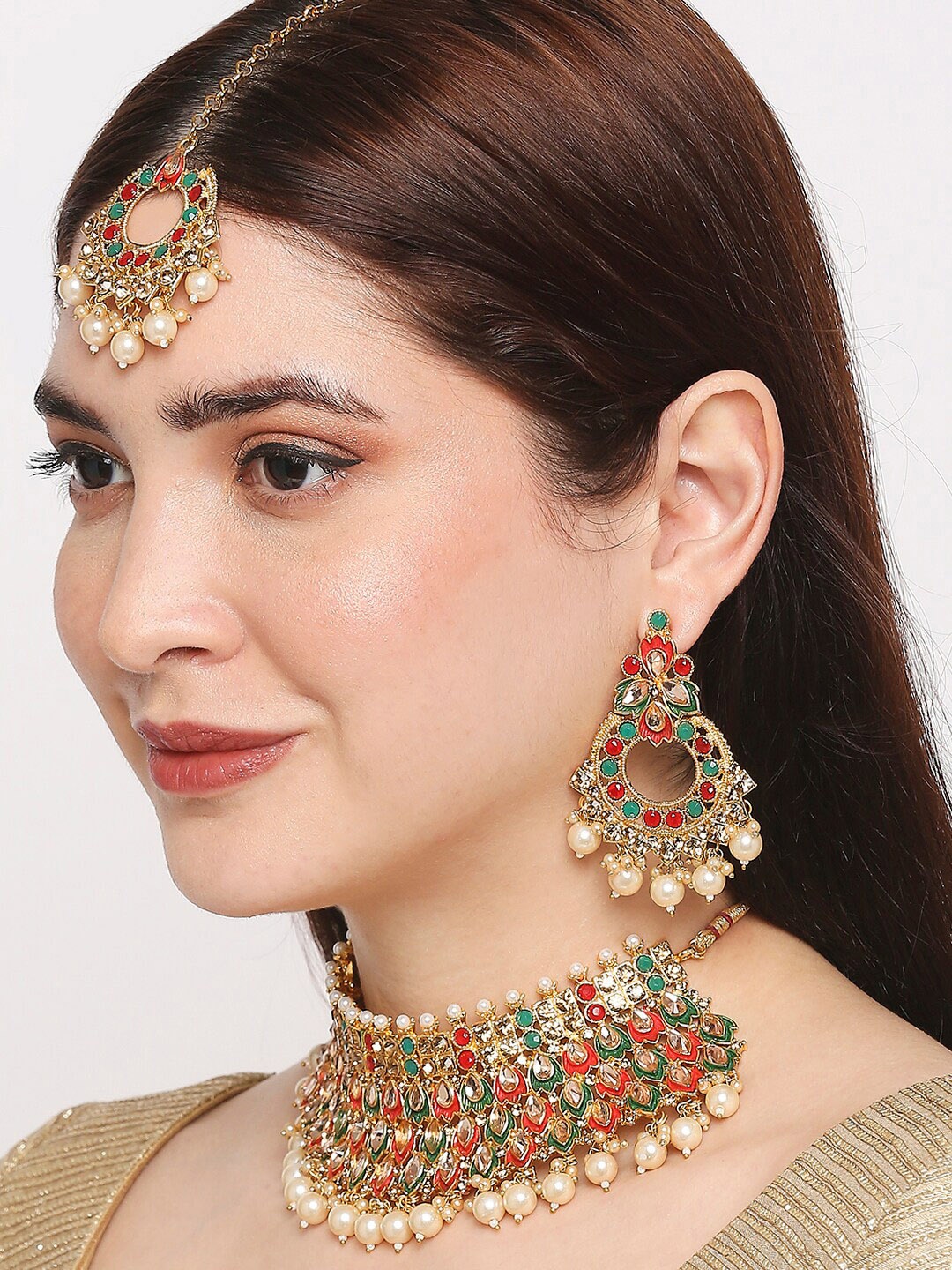 

OOMPH Gold-Toned & Red Kundan-Studded & Beaded Enamelled Jewellery Set