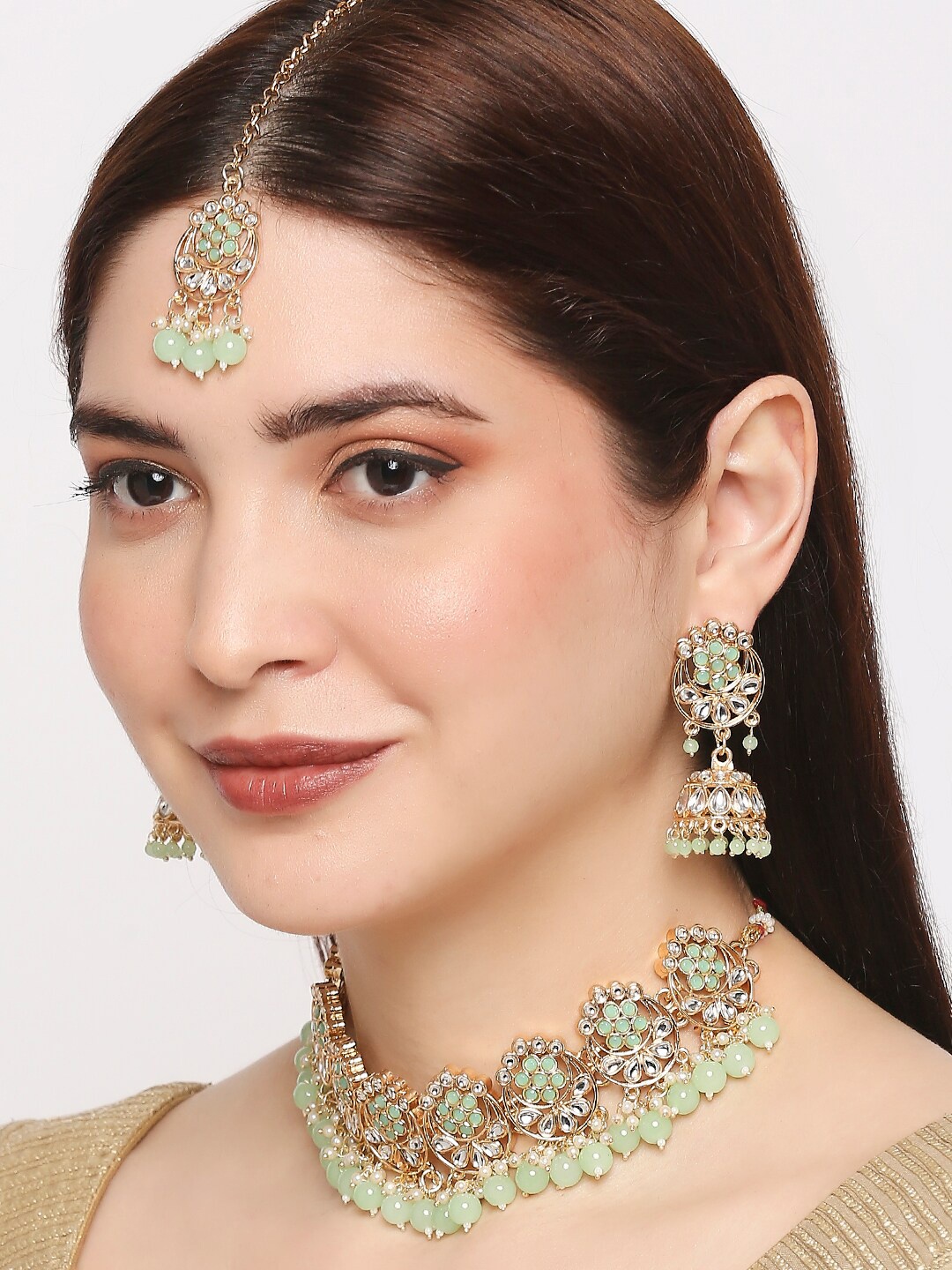 

OOMPH Gold-Toned & Mint Green Kundan-Studded & Beaded Jadau Jewellery Set