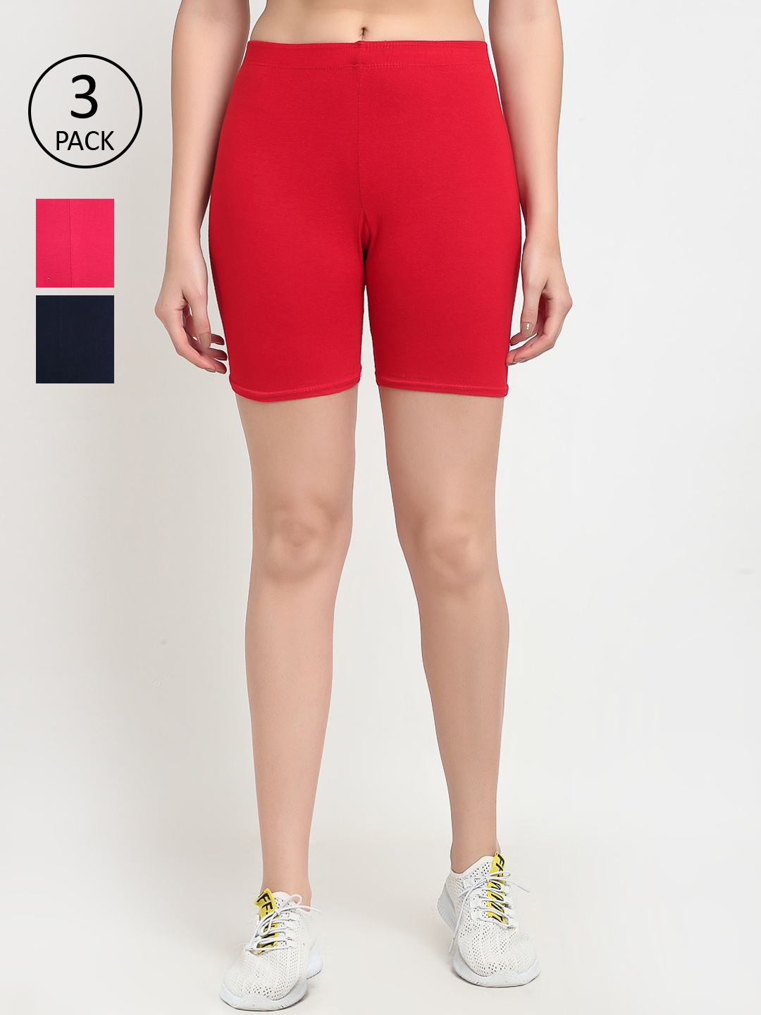 

GRACIT Women Pack Of 3 Cotton Biker Shorts, Red