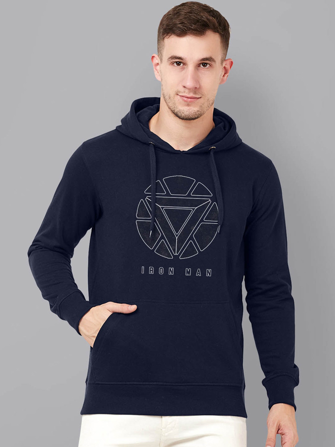 

Free Authority Men Navy Blue Iron Man Printed Hooded Sweatshirt