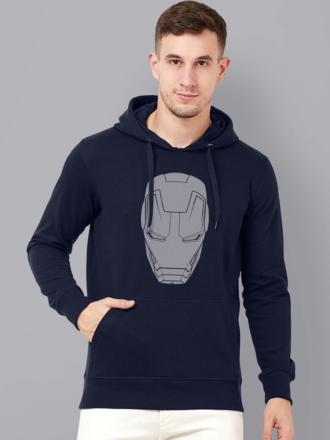 

Free Authority Men Navy Blue Iron Man Printed Hooded Sweatshirt
