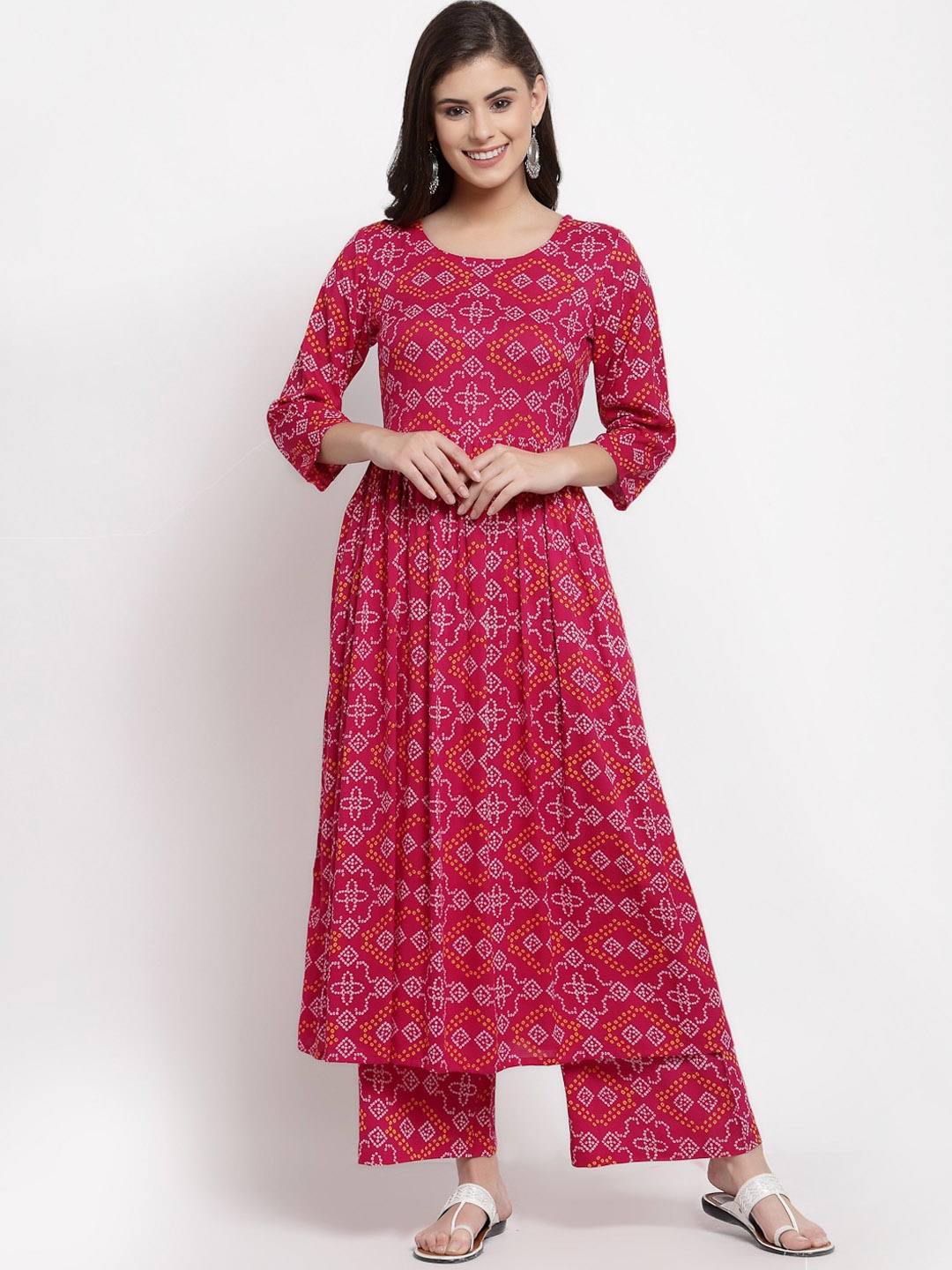 

Yuris Women Pink & Off-White Bandhani Print Pure Cotton Kurta with Palazzos