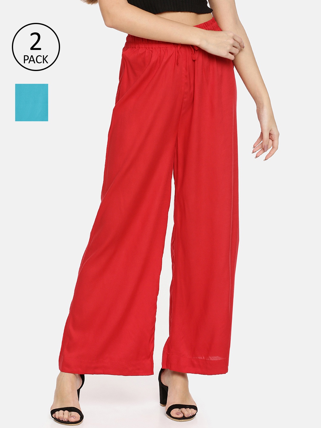 

TWIN BIRDS Women Pack Of 2 Red & Turquoise Blue Palazzos