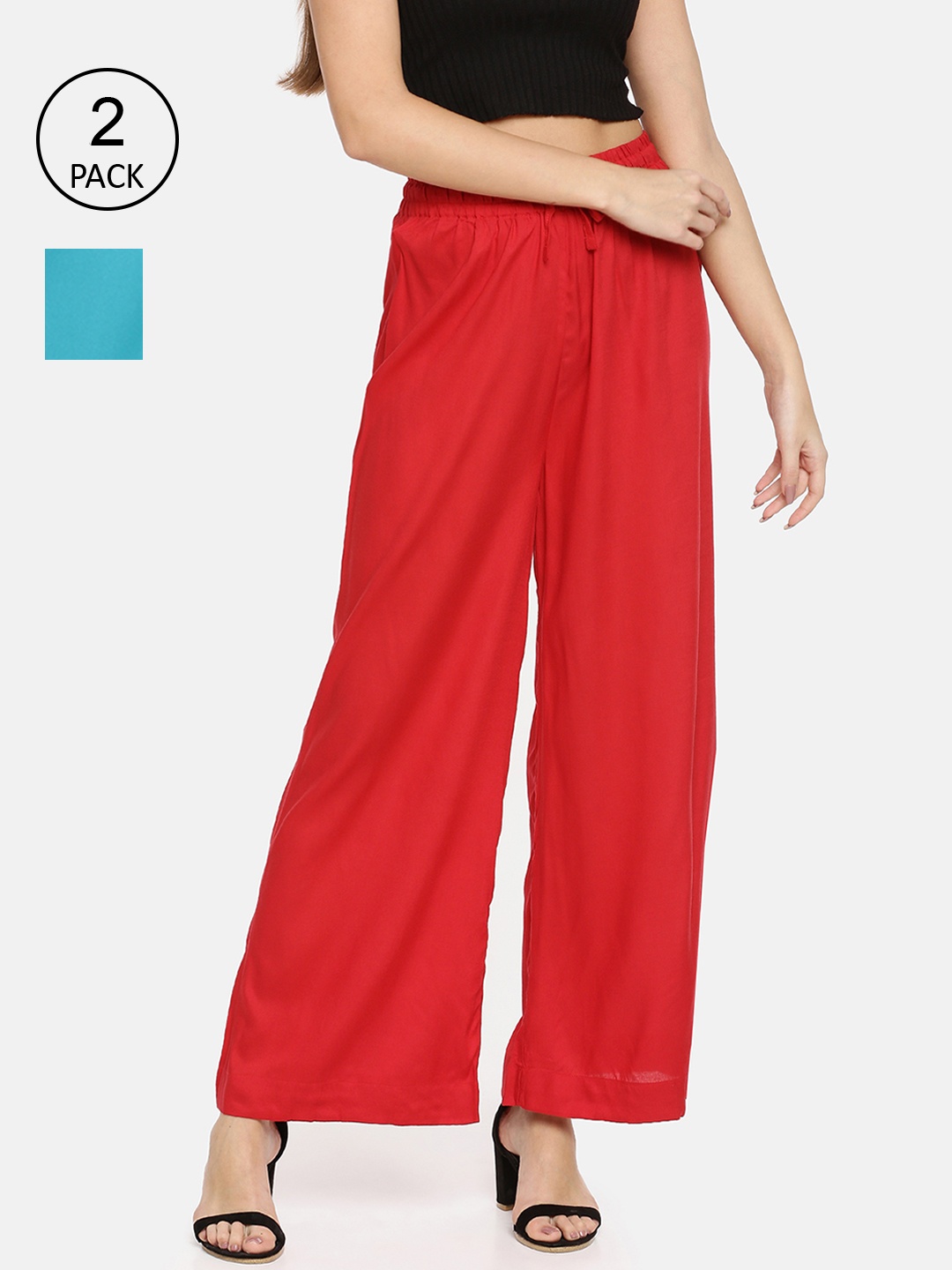 

TWIN BIRDS Women Pack Of 2 Red & Turquoise Blue Palazzos