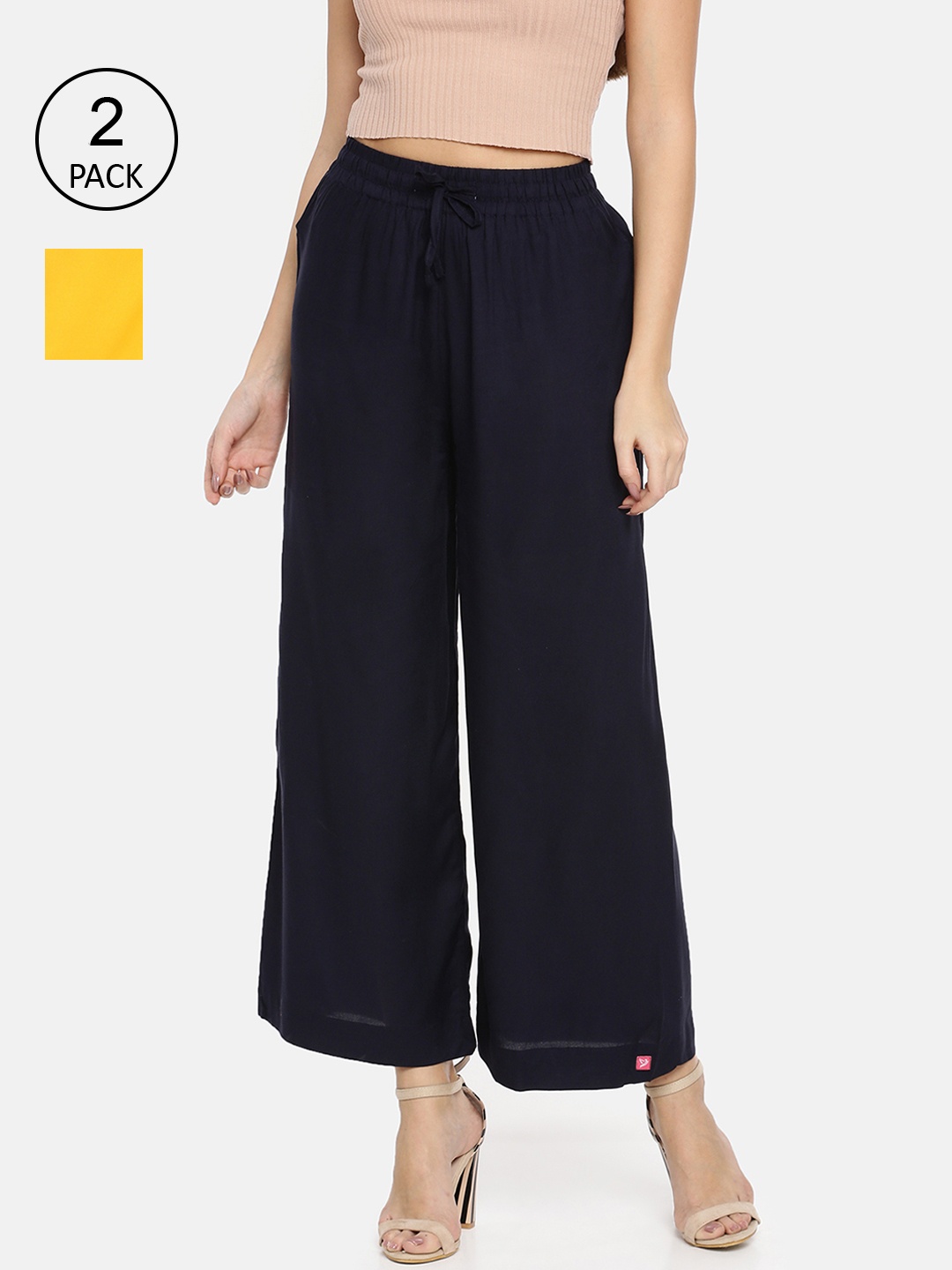 

TWIN BIRDS Women Pack Of 2 Navy Blue & Yellow Palazzos