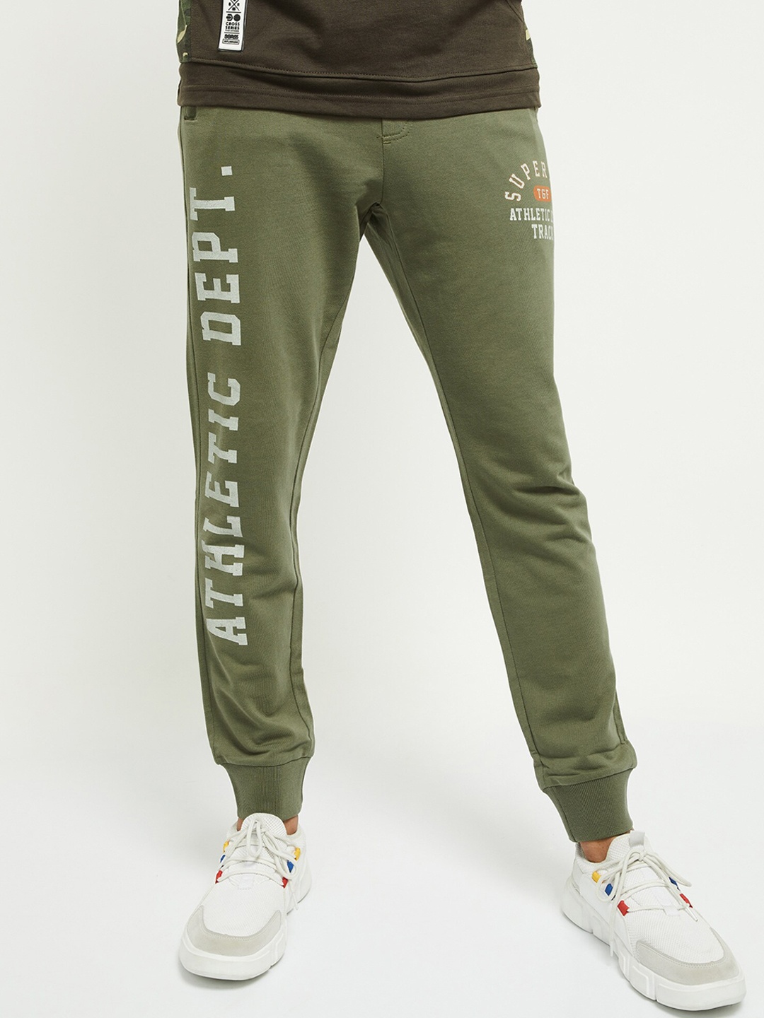 

Max Men Olive Green Typography Printed Track Pants