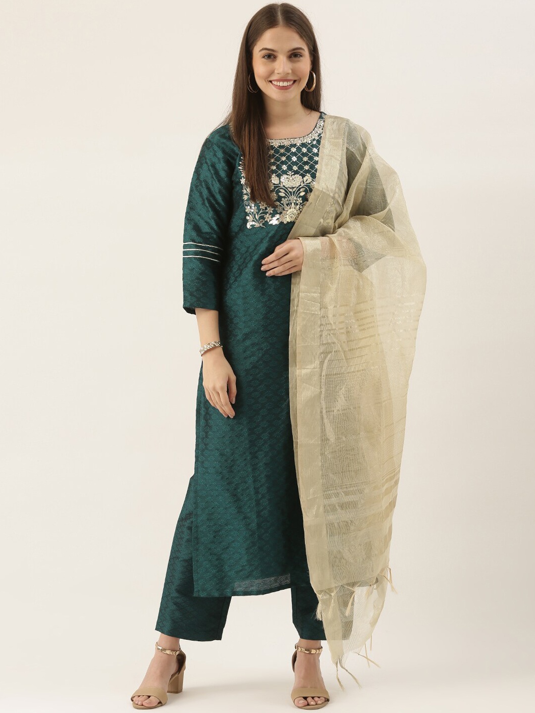 

Varanga Women Green & Beige Floral Embroidered Sequinned Kurta & Trousers with Dupatta