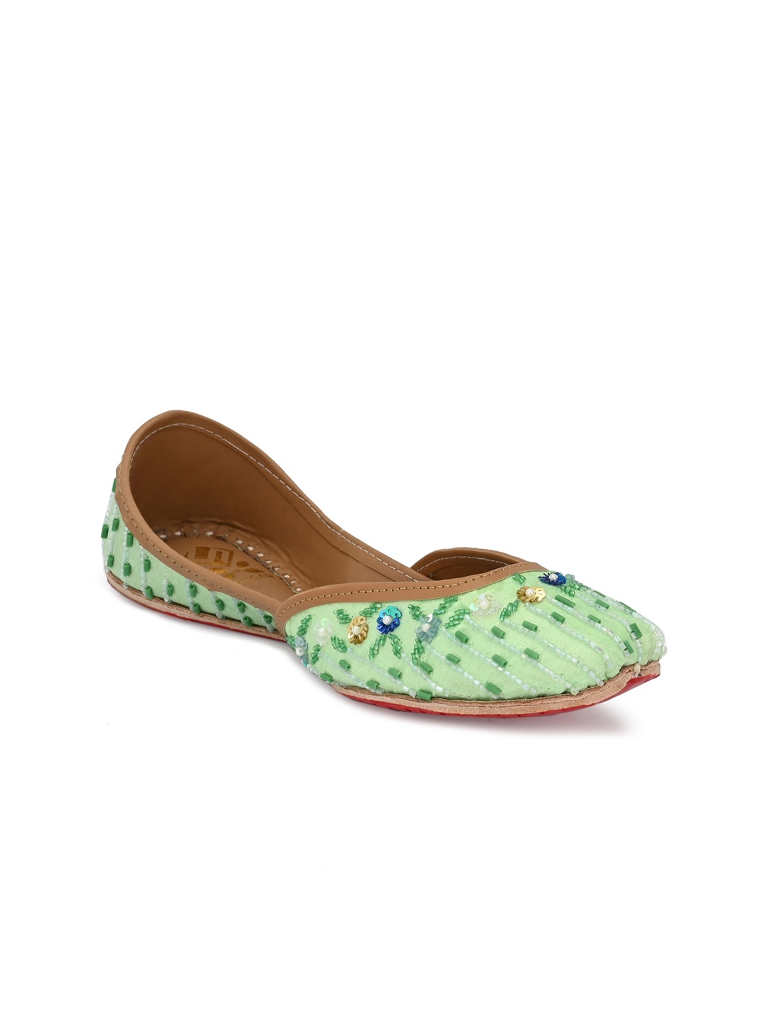 

Sringam Women Green Printed Leather Ethnic Mojaris Flats