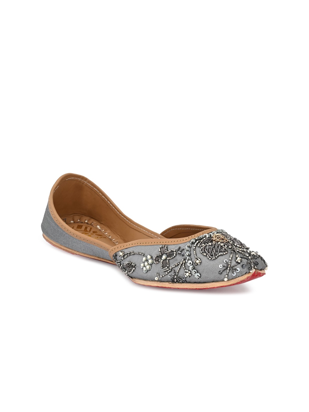 

Sringam Women Grey Embellished Leather Ethnic Mojaris Flats