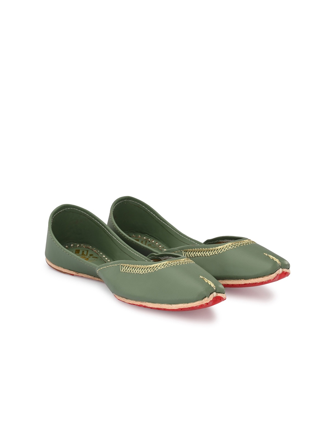 

Sringam Women Green Embellished Leather Ethnic Mojaris Flats