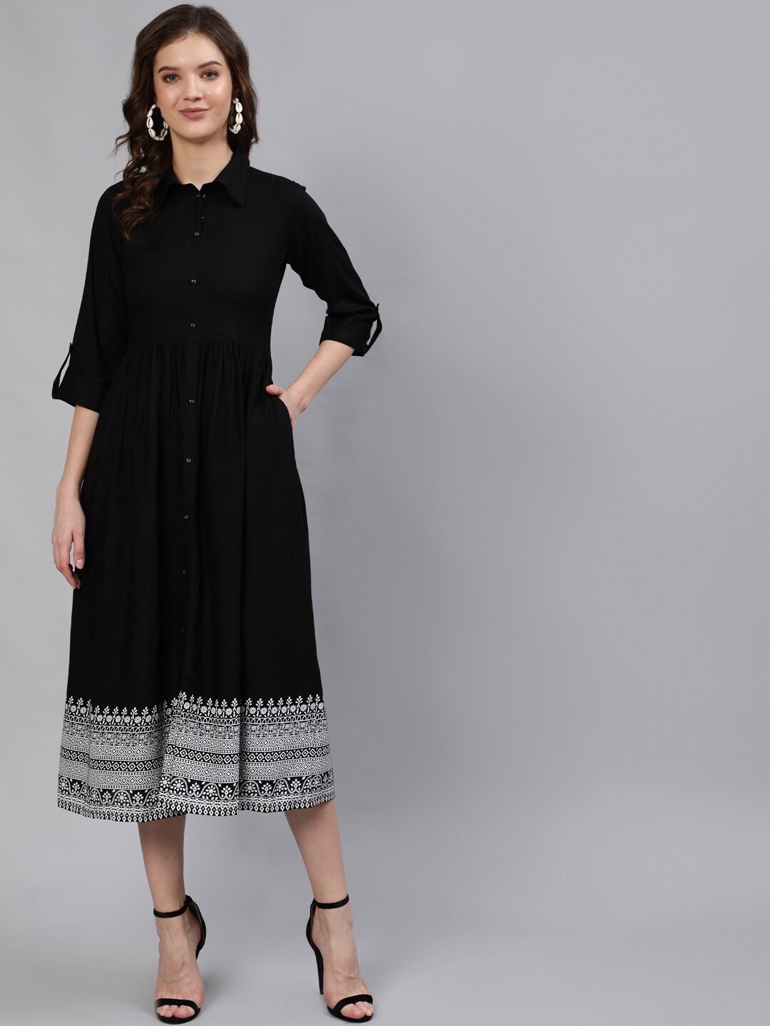 

Nayo Black Ethnic A-Line Midi Dress