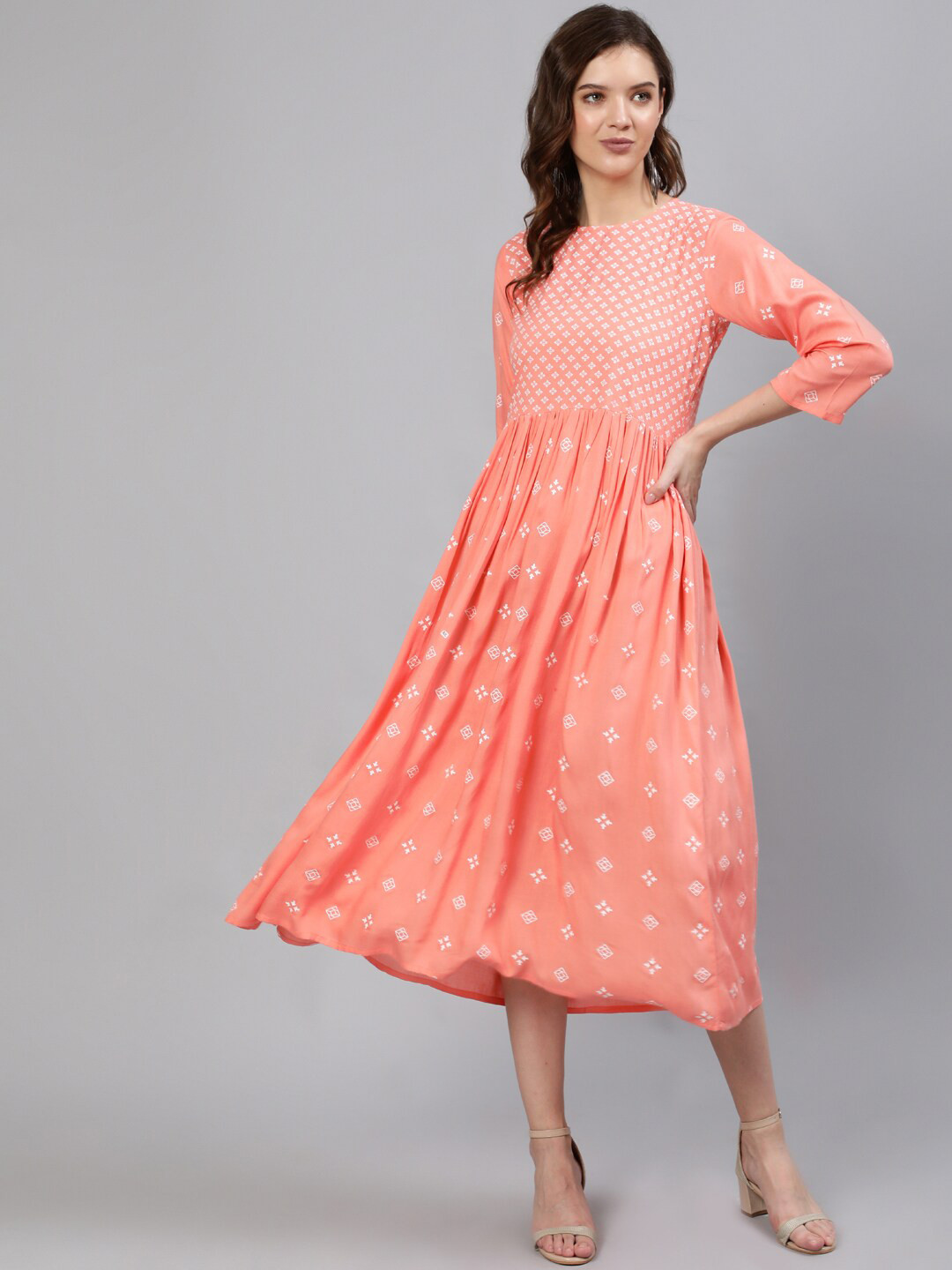 

Nayo Peach-Coloured & White Ethnic Motifs Ethnic Midi Dress