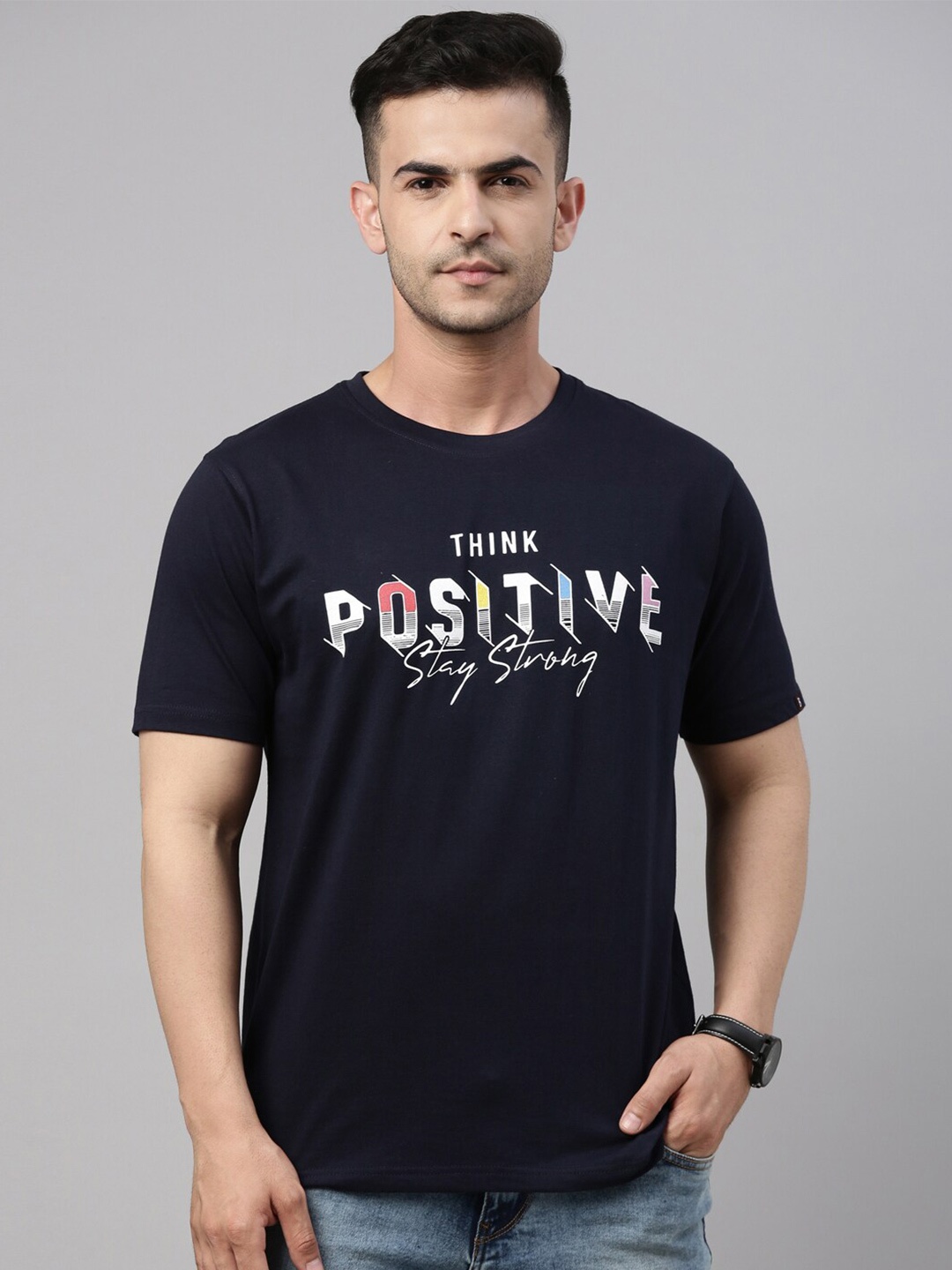 

Bushirt Men Navy Blue Printed Pure Cotton T-shirt