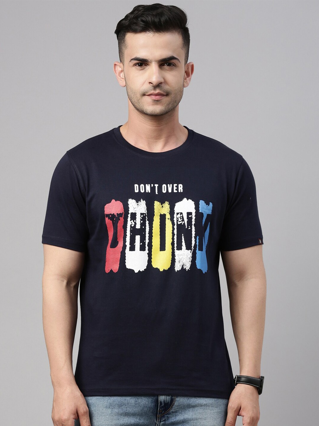 

Bushirt Men Navy Blue Printed Pure Cotton T-shirt