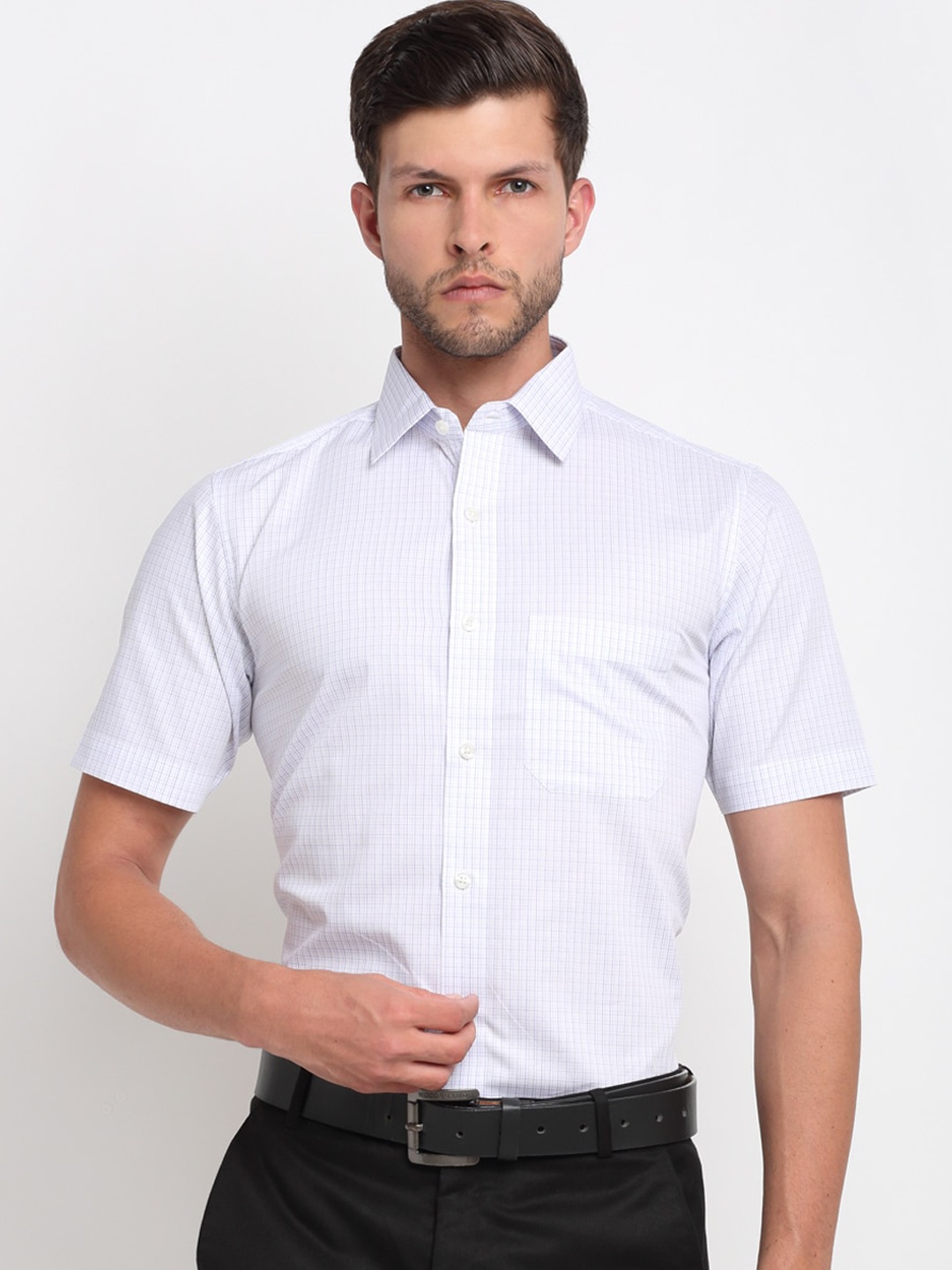 

FINNOY Men White Opaque Grid Tattersall Checked Cotton Formal Shirt