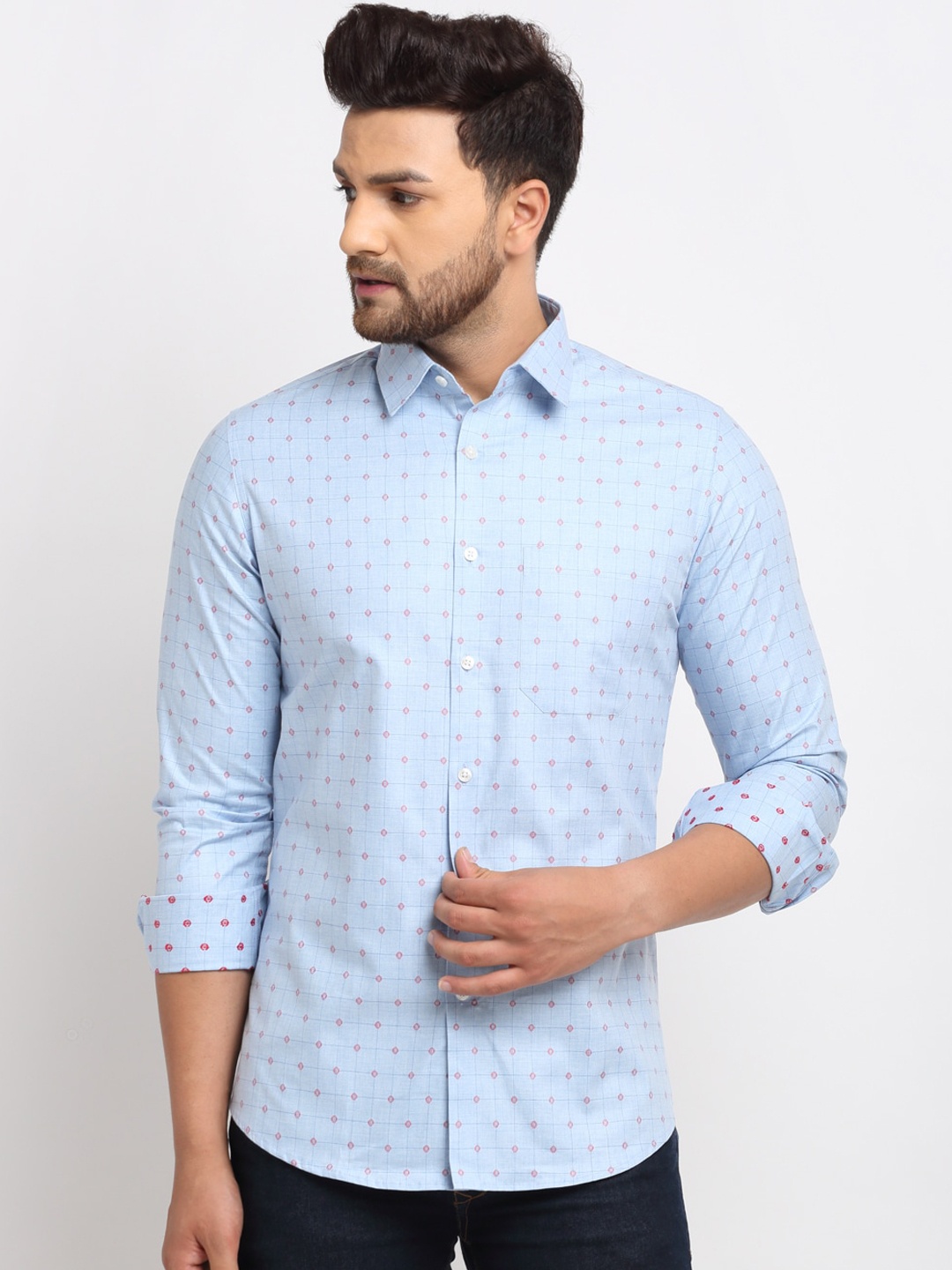 

FINNOY Men Blue Slim Fit Checked Giza Cotton Casual Shirt