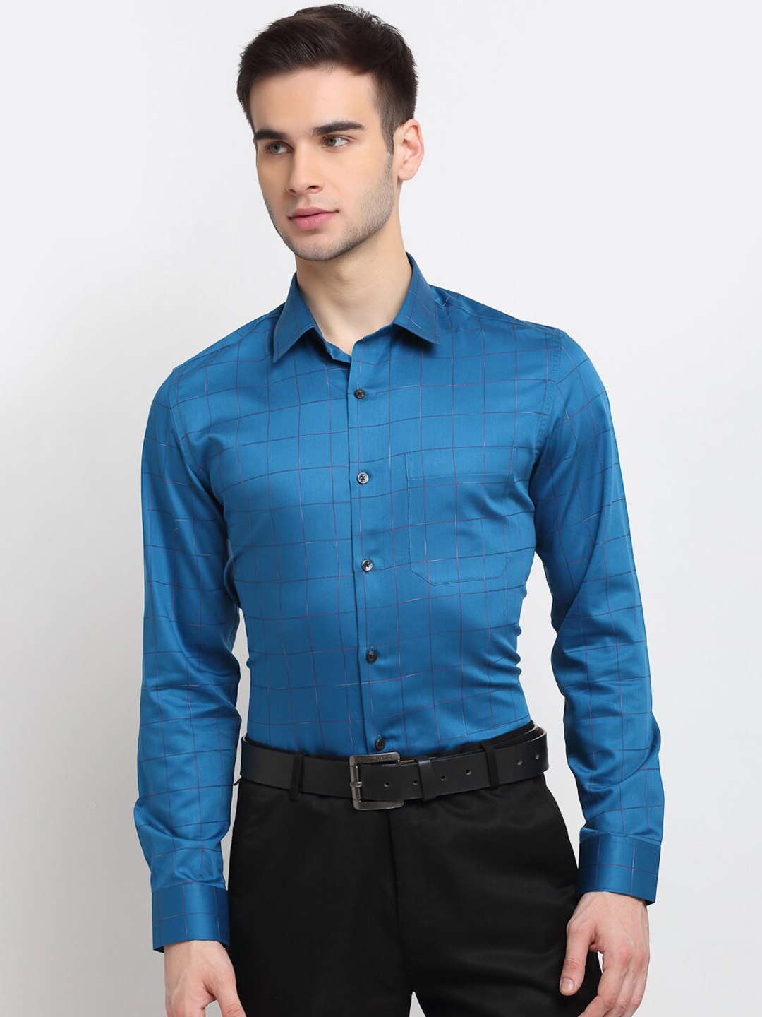 

FINNOY Men Blue Slim Fit Giza Cotton Checked Formal Shirt