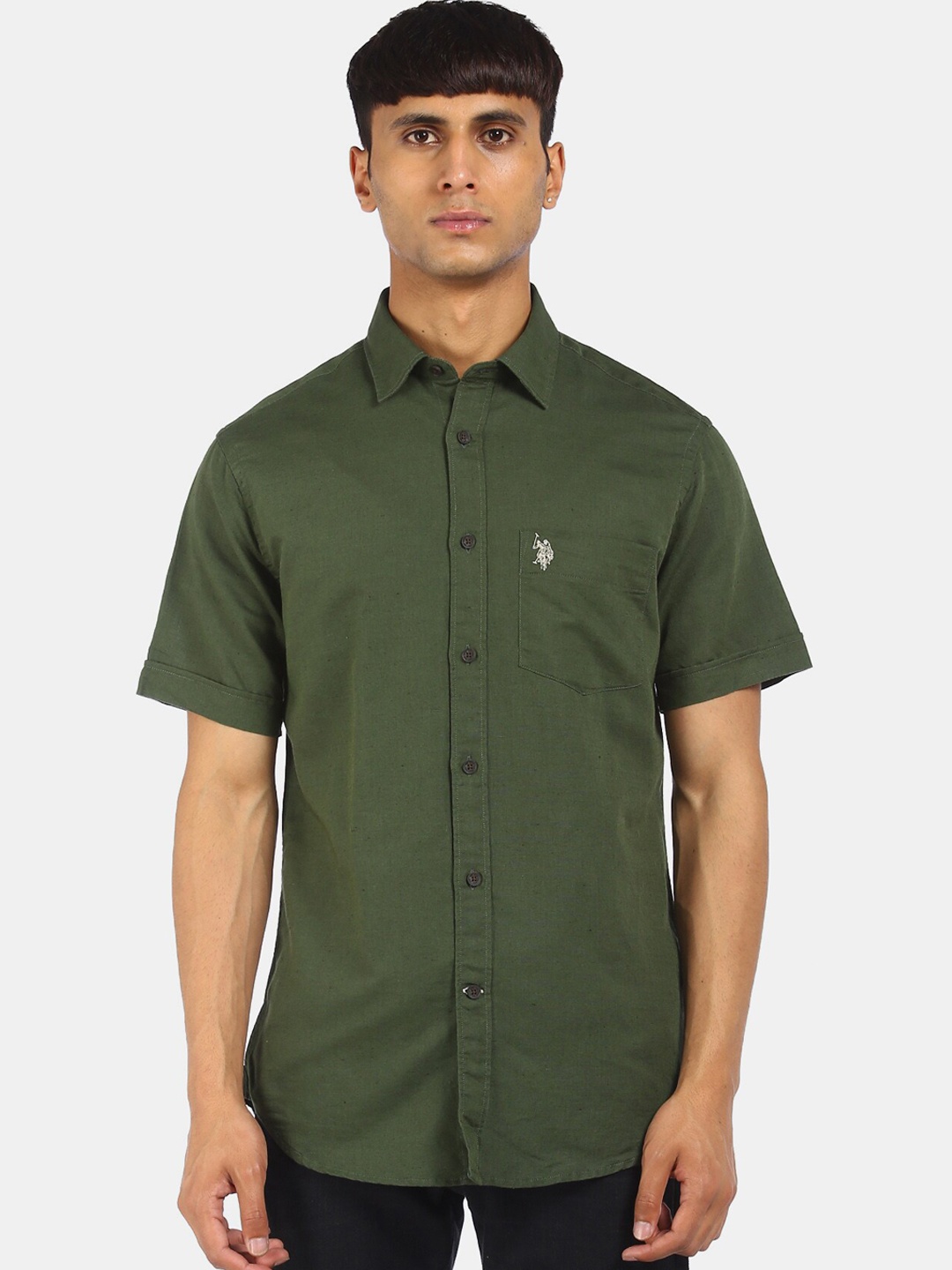 

U S Polo Assn Men Green Linen Cotton Opaque Casual Shirt