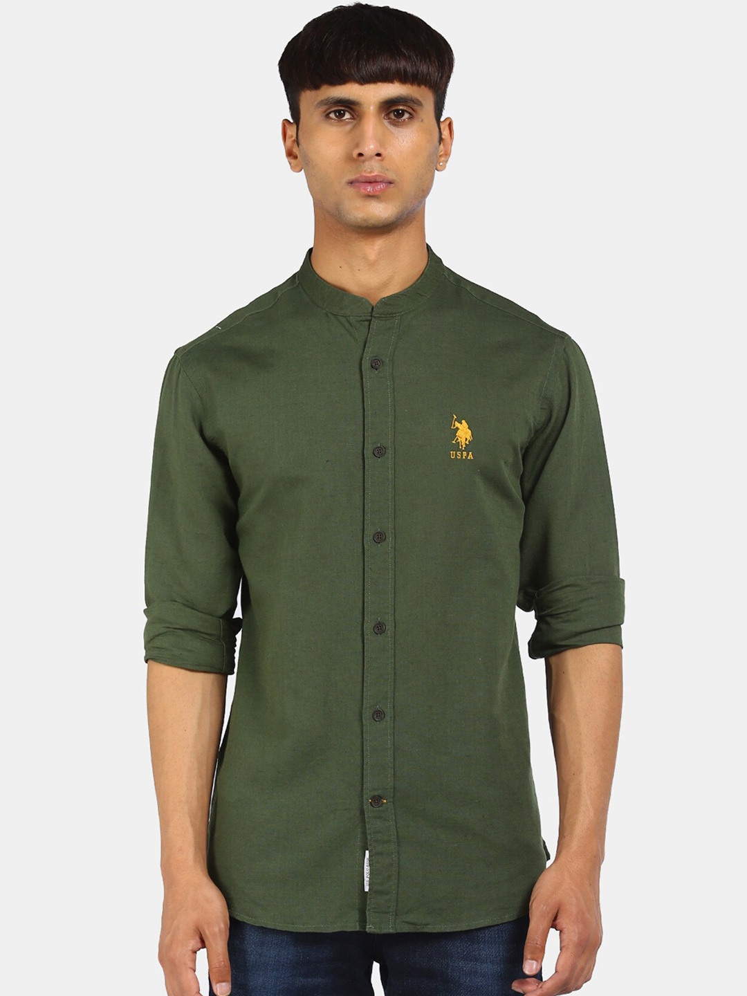 

U S Polo Assn Men Green Linen Cotton Opaque Casual Shirt