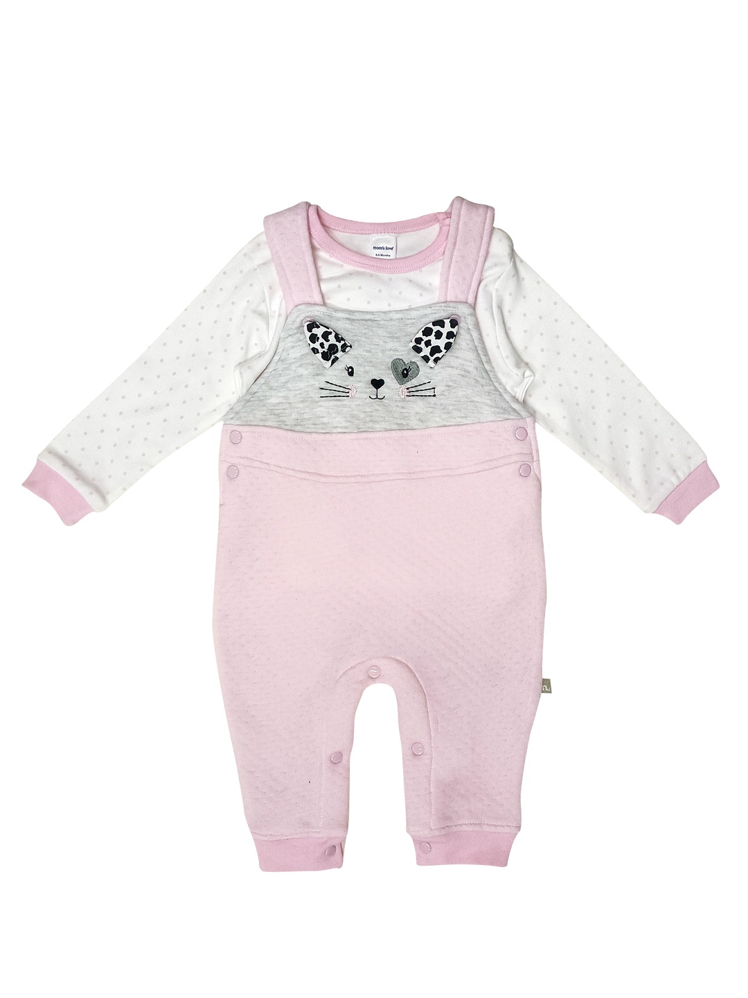 

Moms Love Infant Girls White & Pink Cotton Printed T-shirt with Dungarees