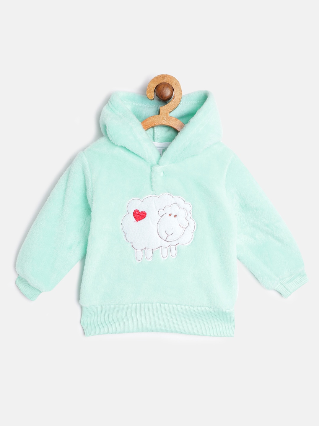 

Moms Love Infant Boys Sea Green Cotton Hooded Faux Fur Sheep Applique Sweatshirt