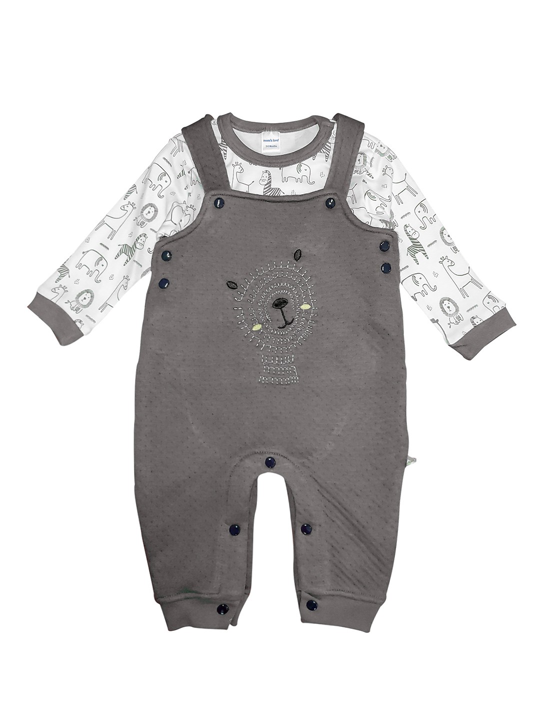 

Moms Love Infant Boys White & Charcoal Grey Cotton Printed T-shirt with Dungarees